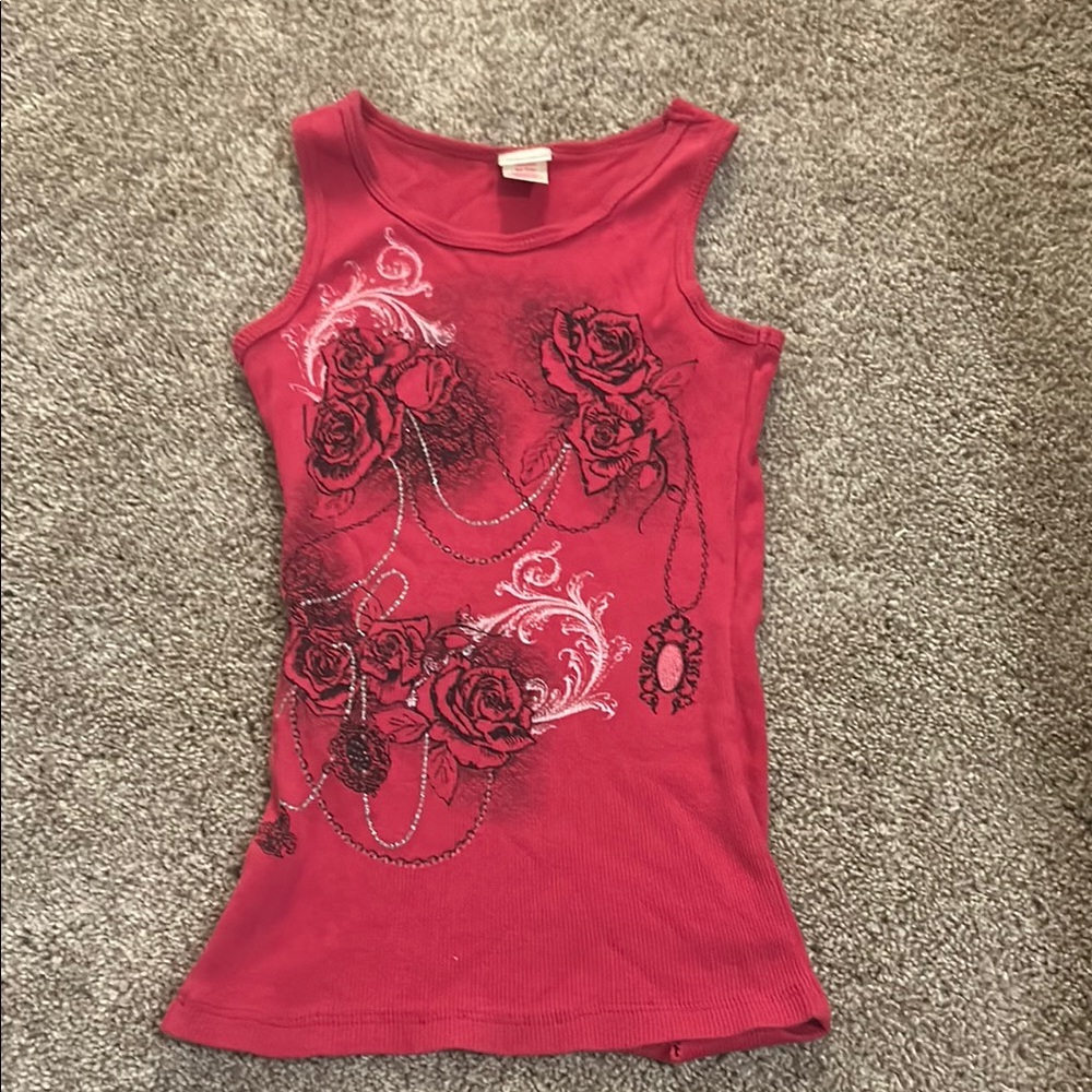 Red Sleeveless Top with Rose Design